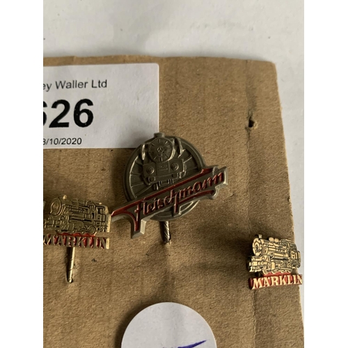 626 - FIVE 1960'S RARE MODEL RAILWAY PIN BADGES TO INCLUDE FLEISCHMANN AND MARKLIN