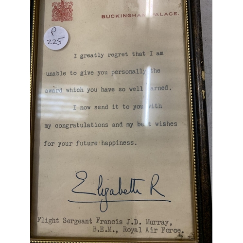 6A - AN AWARD LETTER FROM ELIZABETH R TO FLIGHT SERGEANT FRANCIS J D MURRAY RAF