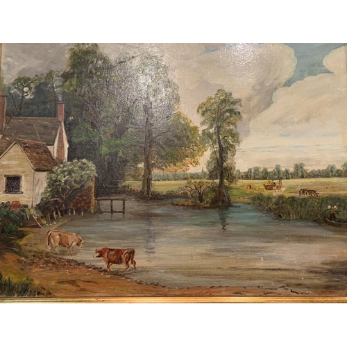 779 - A GILT FRAMED PAINTING OF CATTLE IN A RIVER