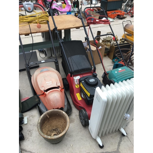 1354 - A MOUNTFIELD PETROL LAWN MOWER, AN ELECTRIC FLYMO, GARDEN PLANTER AND DIMPLEX ELECTRIC RADIATOR