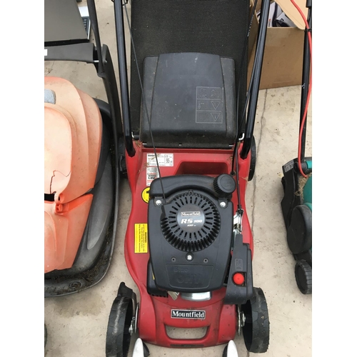 1354 - A MOUNTFIELD PETROL LAWN MOWER, AN ELECTRIC FLYMO, GARDEN PLANTER AND DIMPLEX ELECTRIC RADIATOR