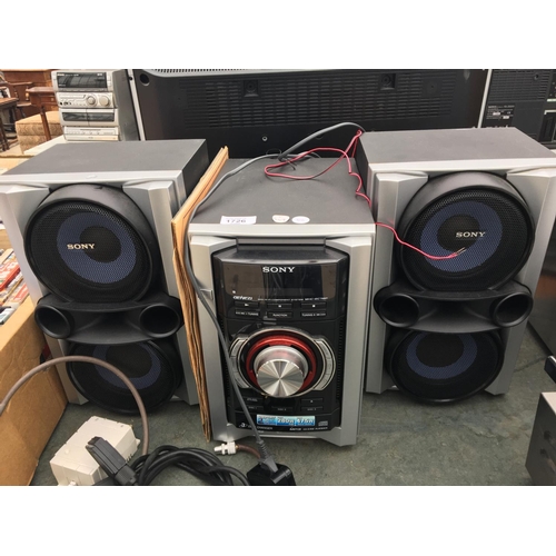 1726 - A SONY HI-FI SYSTEM WITH TWO SPEAKER IN GOOD CONDITION AND BELIEVED IN WORKING ORDER BUT NO WARRANTY