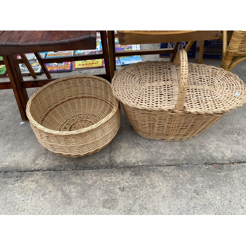 1650 - THREE FOLDING SLATTED WOODEN CHAIRS, A WICKER CHAIR AND TWO WICKER BASKETS