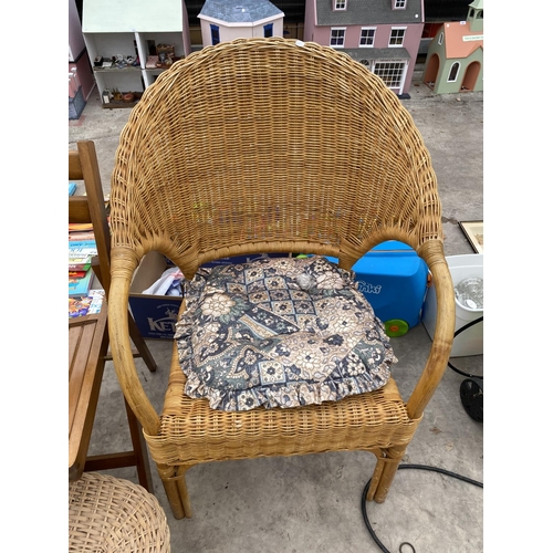 1650 - THREE FOLDING SLATTED WOODEN CHAIRS, A WICKER CHAIR AND TWO WICKER BASKETS