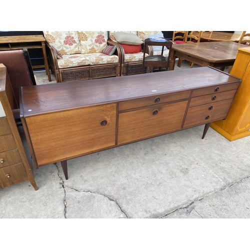 2154 - A RETRO TEAK SIDEBOARD BY HOPEWELLS OF NOTTINGHAM, ENCLOSING CUPBOARD, FIVE DRAWERS AND DROP DOWN FR... 