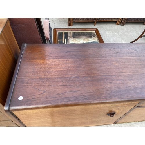 2154 - A RETRO TEAK SIDEBOARD BY HOPEWELLS OF NOTTINGHAM, ENCLOSING CUPBOARD, FIVE DRAWERS AND DROP DOWN FR... 