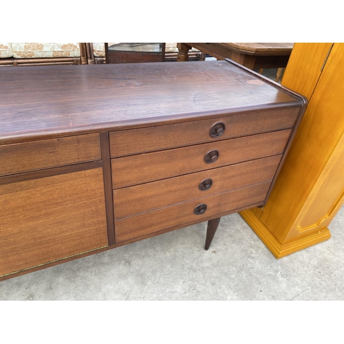 2154 - A RETRO TEAK SIDEBOARD BY HOPEWELLS OF NOTTINGHAM, ENCLOSING CUPBOARD, FIVE DRAWERS AND DROP DOWN FR... 