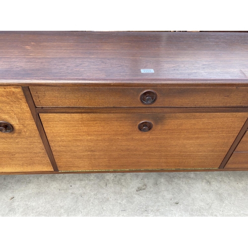 2154 - A RETRO TEAK SIDEBOARD BY HOPEWELLS OF NOTTINGHAM, ENCLOSING CUPBOARD, FIVE DRAWERS AND DROP DOWN FR... 