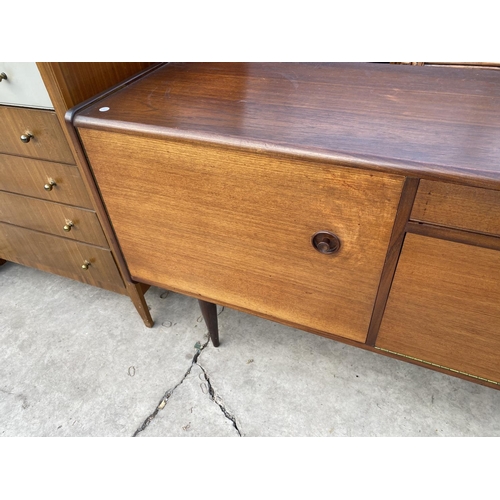 2154 - A RETRO TEAK SIDEBOARD BY HOPEWELLS OF NOTTINGHAM, ENCLOSING CUPBOARD, FIVE DRAWERS AND DROP DOWN FR... 