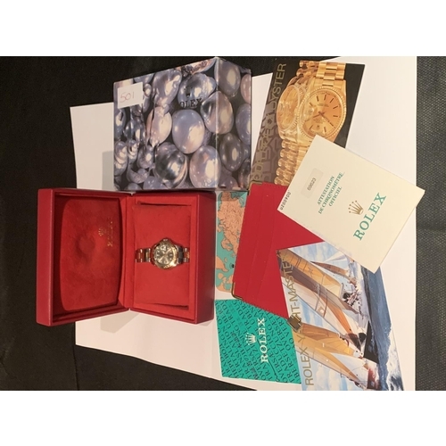 501 - A 2004 ROLEX YACHT MASTER LADIES BI-METAL WRISTWATCH WITH ORIGINAL BOX, PAPERS AND EXTRA LINK