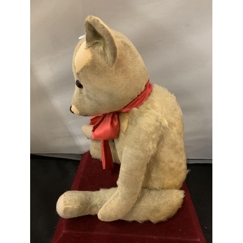 101 - A VINTAGE TEDDY BEAR WITH RED BOW (BELIEVED 1920S)