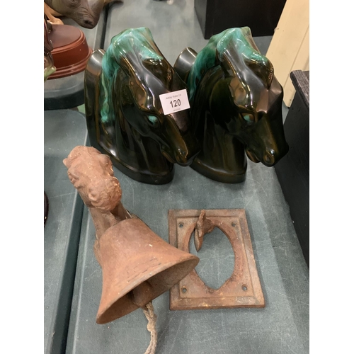 120 - A PAIR OF RETRO CERAMIC HORSE HEAD BOOKENDS AND A HORSES HEAD BELL (A/F)