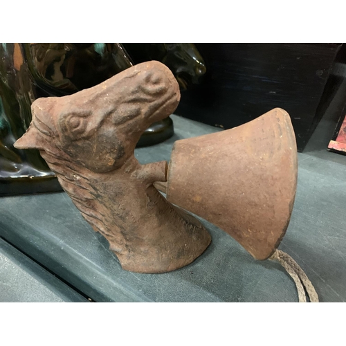 120 - A PAIR OF RETRO CERAMIC HORSE HEAD BOOKENDS AND A HORSES HEAD BELL (A/F)