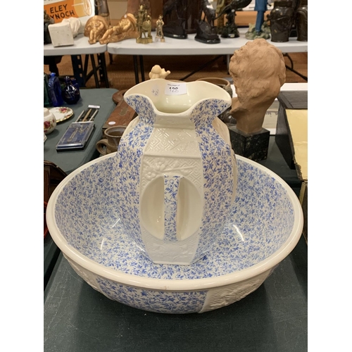 128 - A VINTAGE BLUE AND WHITE 'OETZMANN AND CO' WASH BOWL AND FOUR HANDLED JUG SET