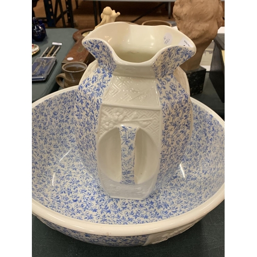 128 - A VINTAGE BLUE AND WHITE 'OETZMANN AND CO' WASH BOWL AND FOUR HANDLED JUG SET