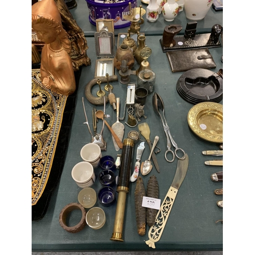 130 - AN ECLECTIC ASSORTMENT OF VINTAGE ITEMS TO INCLUDE VINTAGE HAIR CLIPPERS A BRASS BELL AND CANDLE STI... 