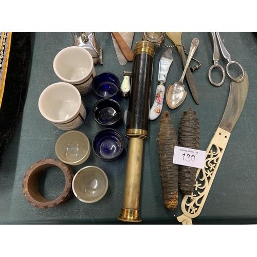 130 - AN ECLECTIC ASSORTMENT OF VINTAGE ITEMS TO INCLUDE VINTAGE HAIR CLIPPERS A BRASS BELL AND CANDLE STI... 