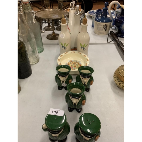 136 - AN ASSORTMENT OF CERAMIC KITCHEN WARE TO INCLUDE HARRODS FIGURES, OIL POURING BOTTLES ETC