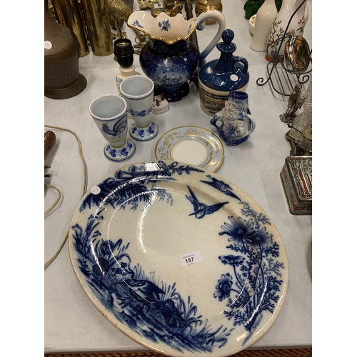 157 - A COLLECTION OF BLUE AND WHITE CERAMIC WARE TO INCLUDE A LARGE JUG, A SERVING PLATTER AND A 'LAMBS N... 