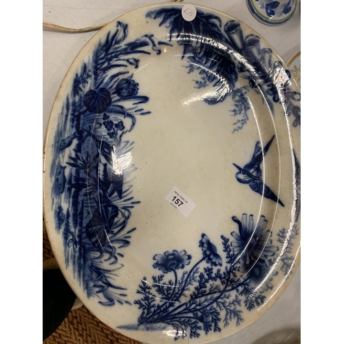 157 - A COLLECTION OF BLUE AND WHITE CERAMIC WARE TO INCLUDE A LARGE JUG, A SERVING PLATTER AND A 'LAMBS N... 