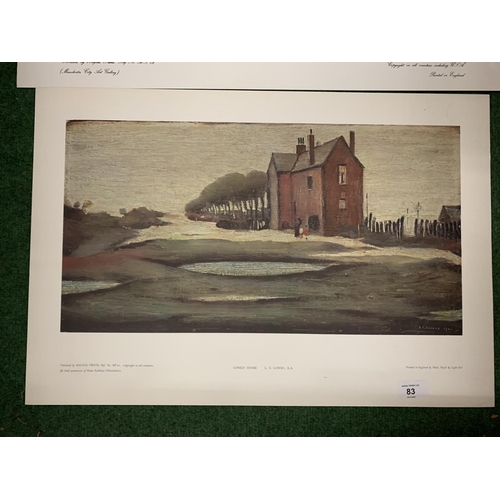 83 - AN ASSORTMENT OF L.S.LOWRY PRINTS TO INCLUDE 'THE LONELY HOUSE','THE ACCIDENT' AND TWENTY COPIES OF ... 