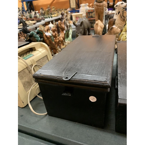 92 - A PAIR OF BLACK WOODEN DEED BOXES