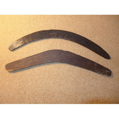 317 - TWO VINTAGE AUSTRALIAN ABORIGINE HAND CARVED BOOMERANGS, LENGTH 53CM AND 54CM (2)