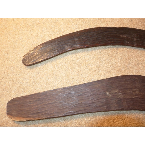 317 - TWO VINTAGE AUSTRALIAN ABORIGINE HAND CARVED BOOMERANGS, LENGTH 53CM AND 54CM (2)