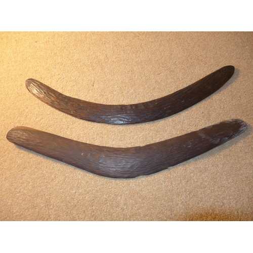 317 - TWO VINTAGE AUSTRALIAN ABORIGINE HAND CARVED BOOMERANGS, LENGTH 53CM AND 54CM (2)