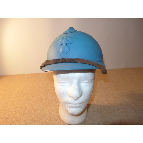 343 - A BLUE PAINTED FRENCH ARMY ADRIAN HELMET WITH LEATHER LINING