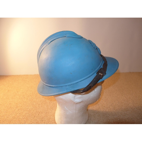 343 - A BLUE PAINTED FRENCH ARMY ADRIAN HELMET WITH LEATHER LINING