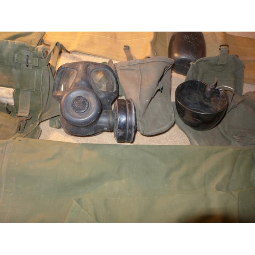 350 - A GAS MASK, GROUNDSHEET, CANTEEN DATED 1974, COVER ETC