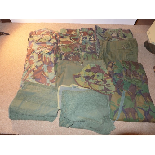 355 - A QUANTITY OF CAMOFLAGE UNIFORMS, TWO SHIRTS, TWO PAIRS OF TROUSERS ETC