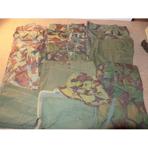 355 - A QUANTITY OF CAMOFLAGE UNIFORMS, TWO SHIRTS, TWO PAIRS OF TROUSERS ETC