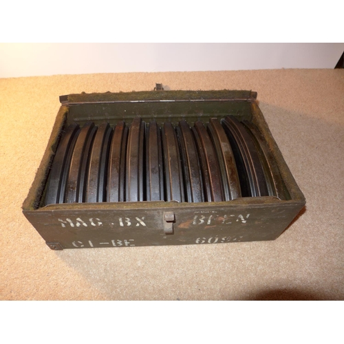 357 - A GREEN PAINTED BREN GUN MAGAZINE CASE CONTAINING TWELVE MAGAZINES