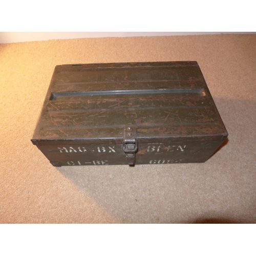 357 - A GREEN PAINTED BREN GUN MAGAZINE CASE CONTAINING TWELVE MAGAZINES