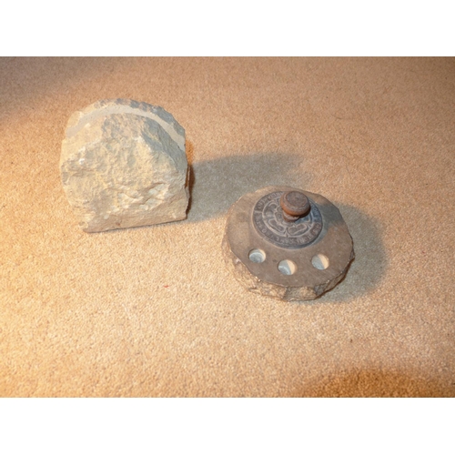 397 - A STONE INKWELL AND LETTER RACK, EACH HAS A LEAD PLAQUE STATING 