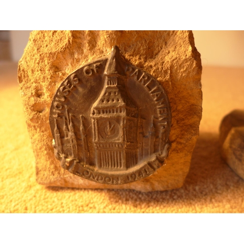 397 - A STONE INKWELL AND LETTER RACK, EACH HAS A LEAD PLAQUE STATING 