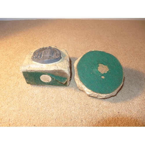 397 - A STONE INKWELL AND LETTER RACK, EACH HAS A LEAD PLAQUE STATING 