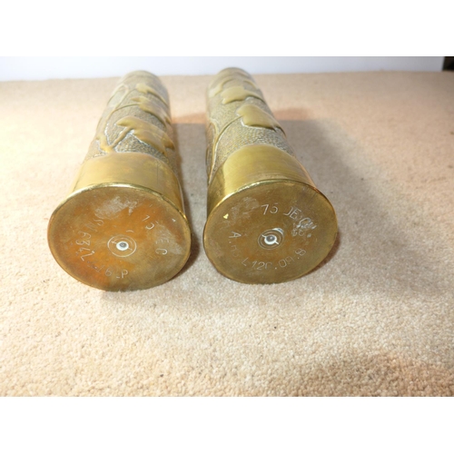 414 - A PAIR OF EARLY 20TH CENTURY TRENCH ART AND BRASS SHELL CASES, HEIGHT 33CM