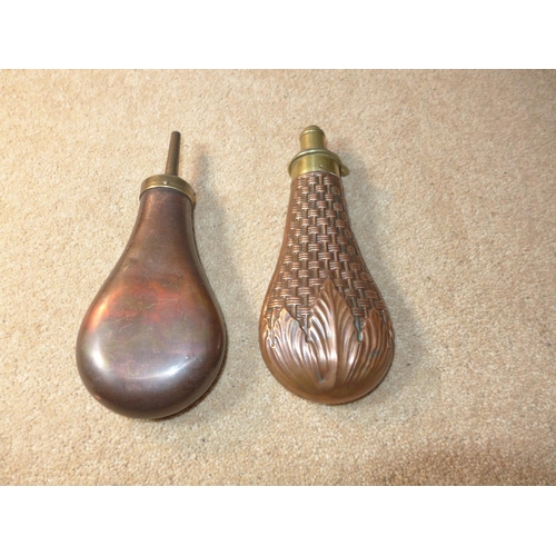 416 - TWO COPPER AND BRASS POWDER FLASKS, LENGTH 20CM EACH, ONE MARKED JAMES DIXON & SONS (2)