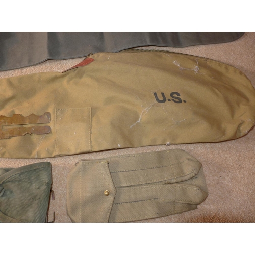 427 - A US CANVAS RIFLE BAG, ANOTHER BAG, TWO AMMUNITION POUCHES, HOLSTER ETC