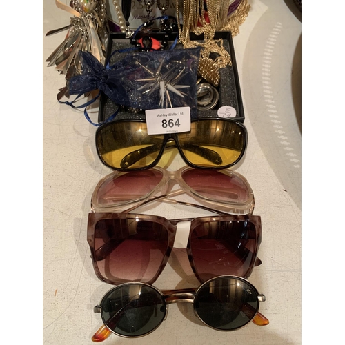 864 - AN ASSORTMENT OF COSTUME JEWELLERY AND FASHION SUN GLASSES