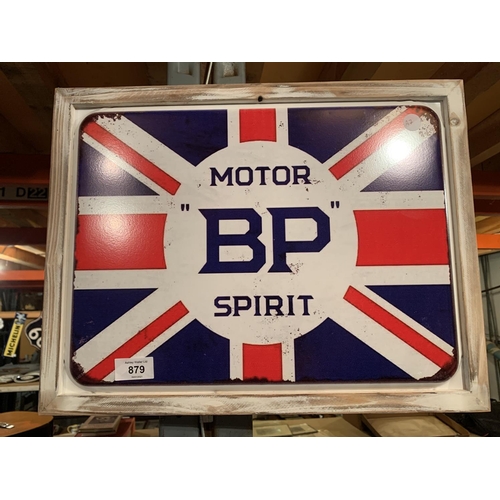 879 - A VINTAGE STYLE FRAMED METAL BP MOTOR SPIRIT SIGN