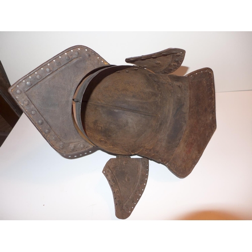 441 - A COPY OF A 17TH CENTURY ENGLISH CIVIL WAR HELMET WITH CHEEK GUARDS AND PLUME HOLDER