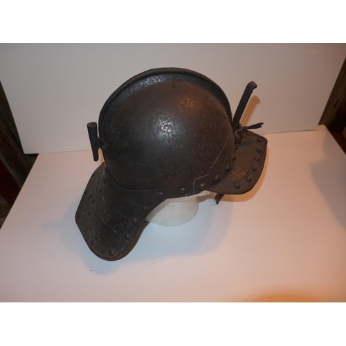 443 - A COPY OF A 17TH CENTURY ENGLISH CIVIL WAR HELMET WITH SLIDING NASAL GUARD AND PLUME HOLDER