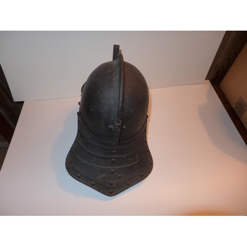 443 - A COPY OF A 17TH CENTURY ENGLISH CIVIL WAR HELMET WITH SLIDING NASAL GUARD AND PLUME HOLDER