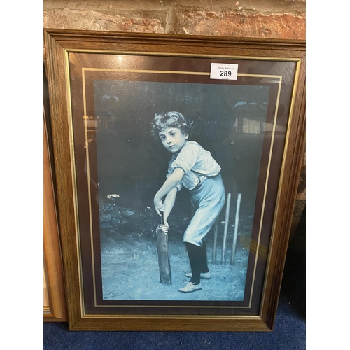 289 - ONE LARGE WOODEN FRAMED PRINT OF A VILLAGE CRICKET SCENE SIGNED ROY PERRY AND A WOODEN FRAMED PEARS ... 