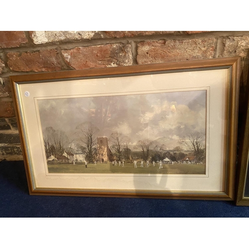 289 - ONE LARGE WOODEN FRAMED PRINT OF A VILLAGE CRICKET SCENE SIGNED ROY PERRY AND A WOODEN FRAMED PEARS ... 