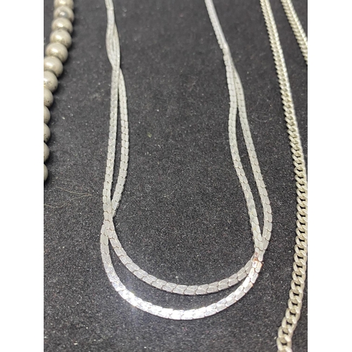 523 - THREE SILVER NECKLACES TO INCLUDE A BALL STYLE